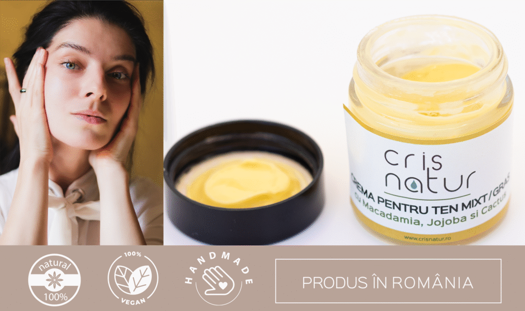Cremă de față naturală pentru ten mixt/gras cu Macadamia, Jojoba și cactus. Realizată manual în România