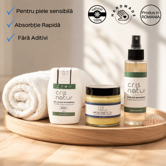 Pachet Gel si Ulei de Magneziu cu MSM, Arnica si Eucalipt + Unt de corp natural 100%