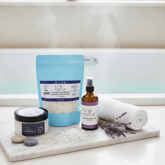 Rutina de relaxare și baie cu sare de magneziu Crisnatur: set spa la domiciliu cu fulgi Zechstein, cremă și spray cu lavandă