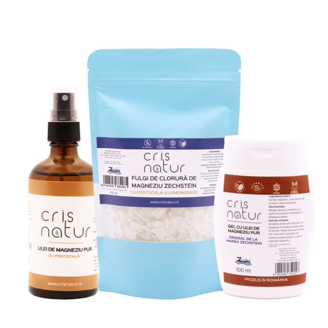 Pachet sportivi- – Fulgi clorura, Ulei si Gel de Magneziu pentru dureri musculare si recupeare dupe efort