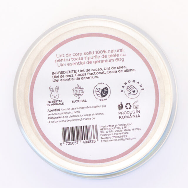 Unt de corp solid toate tipurile de piele cu ulei de geranium- natural 100% - realizat manual, 60g - imagine 5